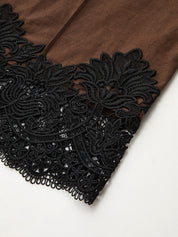 Dames Wide Leg Broek Katoen Linnen Kant Afwerking Hoge Taille - Bruin / Zwart - Maelen