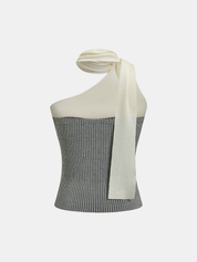 Dames Gebreide Top One Shoulder Colorblock Wol Blend - Zwart / Wit - Maelen