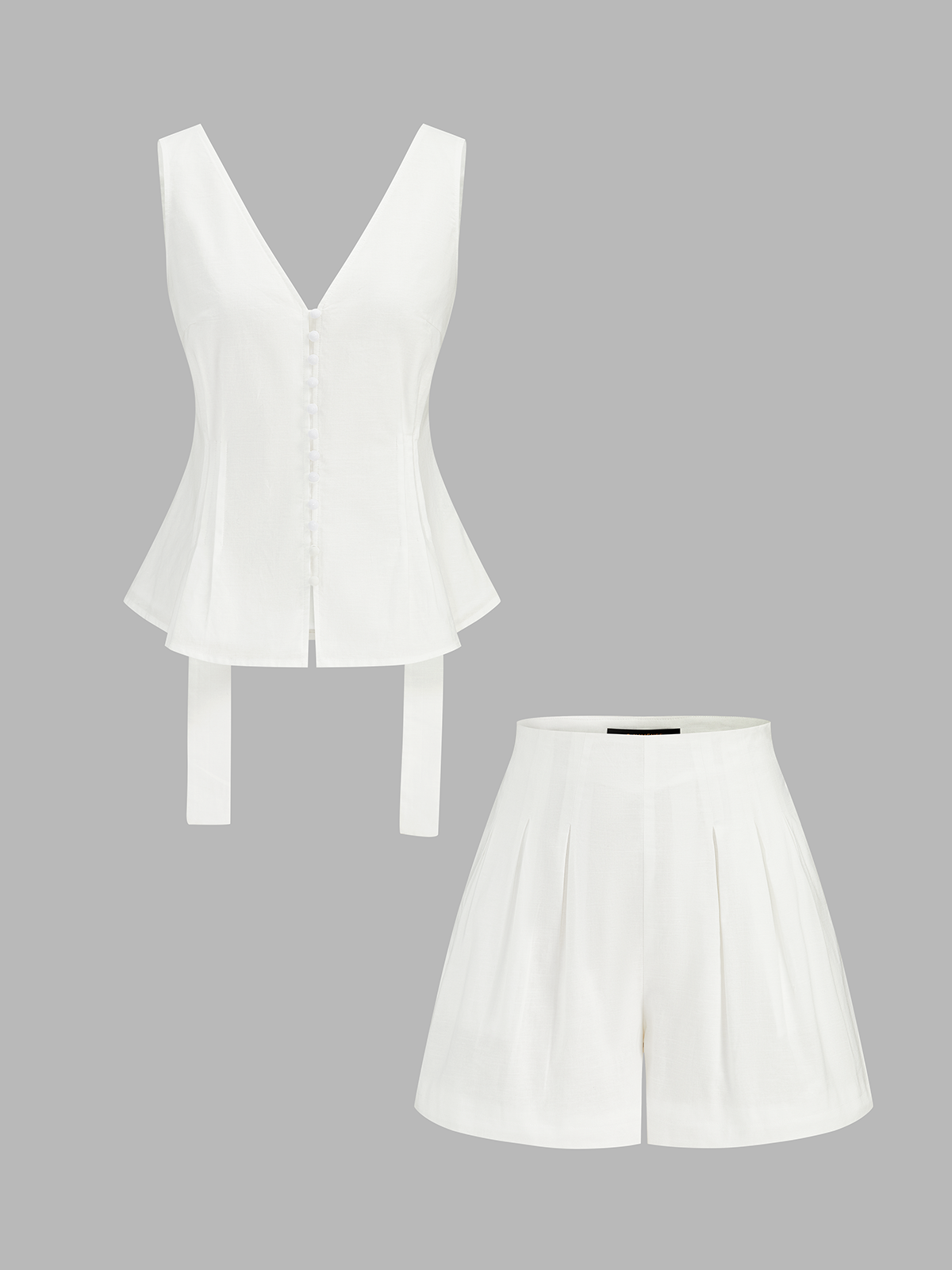 Dames Tweedelig Setje Peplum Top en Geplooide Shorts Katoen Linnen - Gebroken Wit - Maelen