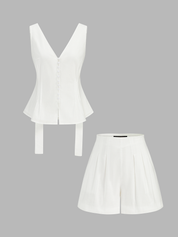 Dames Tweedelig Setje Peplum Top en Geplooide Shorts Katoen Linnen - Gebroken Wit - Maelen