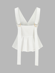 Dames Tweedelig Setje Peplum Top en Geplooide Shorts Katoen Linnen - Gebroken Wit - Maelen