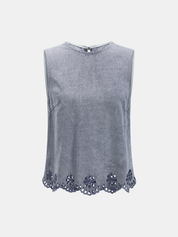 Dames Tweedelig Denim Setje Geborduurd Mouwloze Top en Shorts - Lichtblauw - Maelen