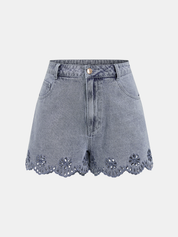 Dames Tweedelig Denim Setje Geborduurd Mouwloze Top en Shorts - Lichtblauw - Maelen