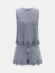 Dames Tweedelig Denim Setje Geborduurd Mouwloze Top en Shorts - Lichtblauw - Maelen