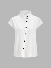 Dames Blouse Staande Kraag Korte Mouwtjes Knoopsluiting - Wit - Maelen