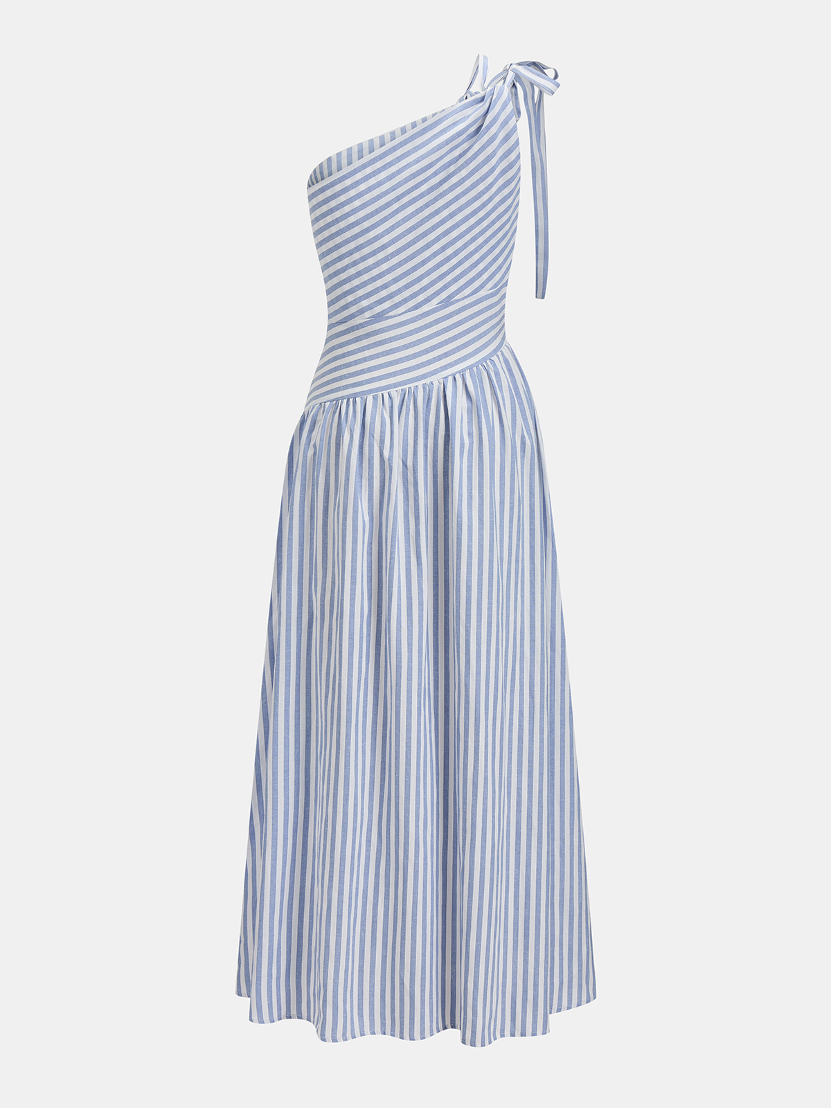 Dames Maxi Jurk One Shoulder Gestreept Katoen Blend - Lichtblauw - Maelen