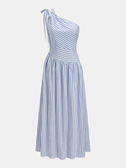 Dames Maxi Jurk One Shoulder Gestreept Katoen Blend - Lichtblauw - Maelen