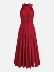 Dames Maxi Jurk Halter Katoen Linnen Split - Rood - Maelen