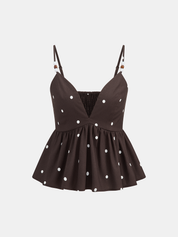Dames Tweedelig Setje Peplum Cami Top en Shorts Polkadot Linnen Blend - Bruin - Maelen