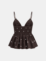 Dames Tweedelig Setje Peplum Cami Top en Shorts Polkadot Linnen Blend - Bruin - Maelen