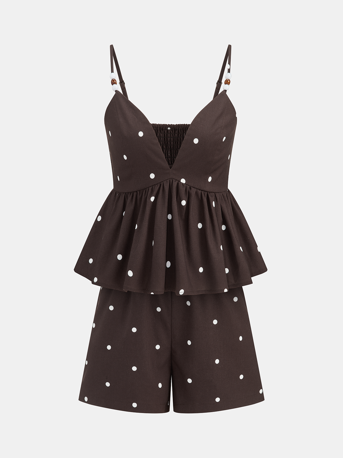 Dames Tweedelig Setje Peplum Cami Top en Shorts Polkadot Linnen Blend - Bruin - Maelen