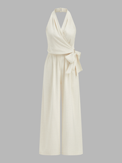 Dames Jumpsuit Wide Leg Halter Strikceintuur - Gebroken Wit - Maelen