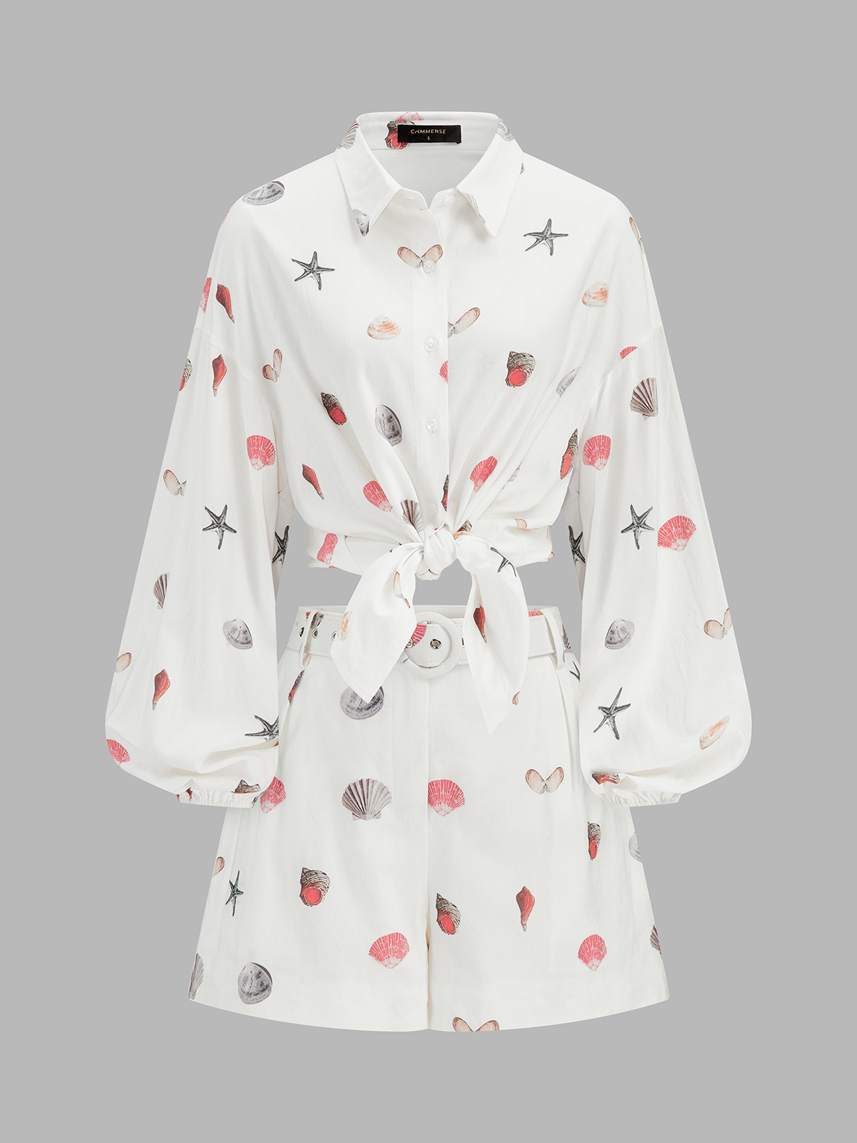 Dames Tweedelig Setje Overhemd en Shorts Linnen Blend Schelpenprint - Wit / Multicolor - Maelen