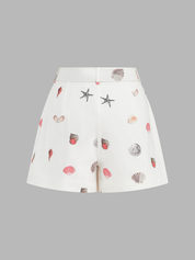 Dames Tweedelig Setje Overhemd en Shorts Linnen Blend Schelpenprint - Wit / Multicolor - Maelen