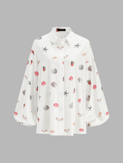 Dames Tweedelig Setje Overhemd en Shorts Linnen Blend Schelpenprint - Wit / Multicolor - Maelen