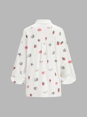 Dames Tweedelig Setje Overhemd en Shorts Linnen Blend Schelpenprint - Wit / Multicolor - Maelen