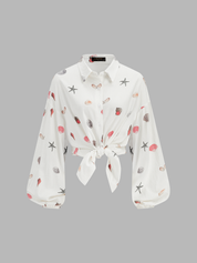 Dames Tweedelig Setje Overhemd en Shorts Linnen Blend Schelpenprint - Wit / Multicolor - Maelen