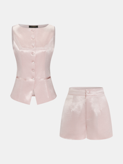 Dames Tweedelig Satijnen Setje Mouwloze Top en Shorts - Roze - Maelen