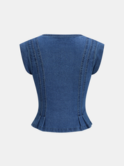 Dames Denim Top V-hals Knoopsluiting Mouwloos Peplum - Blauw - Maelen