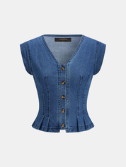 Dames Denim Top V-hals Knoopsluiting Mouwloos Peplum - Blauw - Maelen