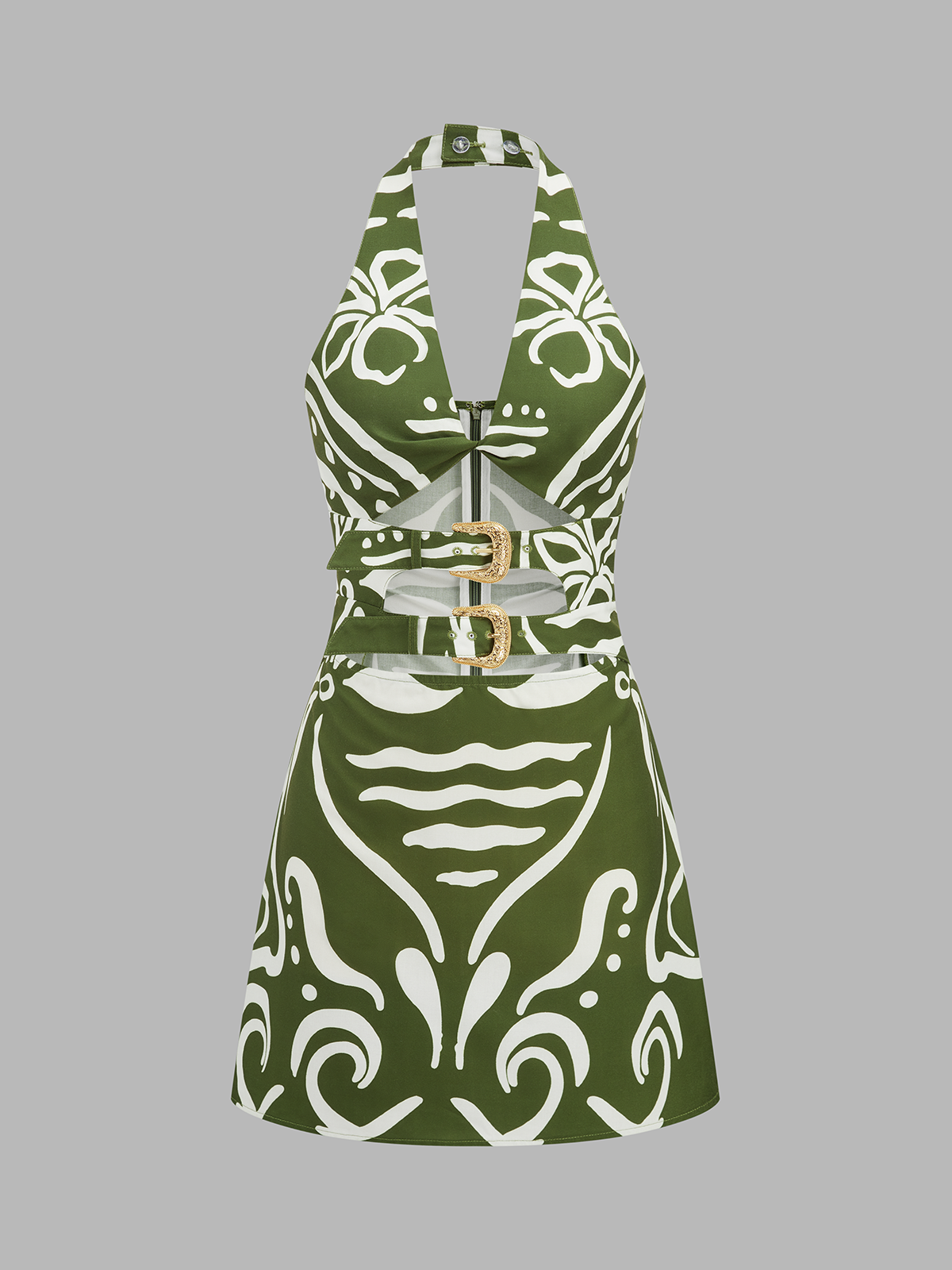 Dames Mini Jurk Halter Cutout Geborduurde Print - Groen - Maelen