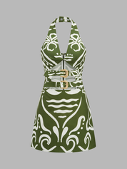 Dames Mini Jurk Halter Cutout Geborduurde Print - Groen - Maelen