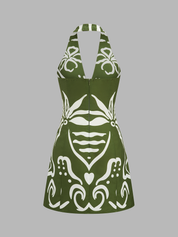 Dames Mini Jurk Halter Cutout Geborduurde Print - Groen - Maelen