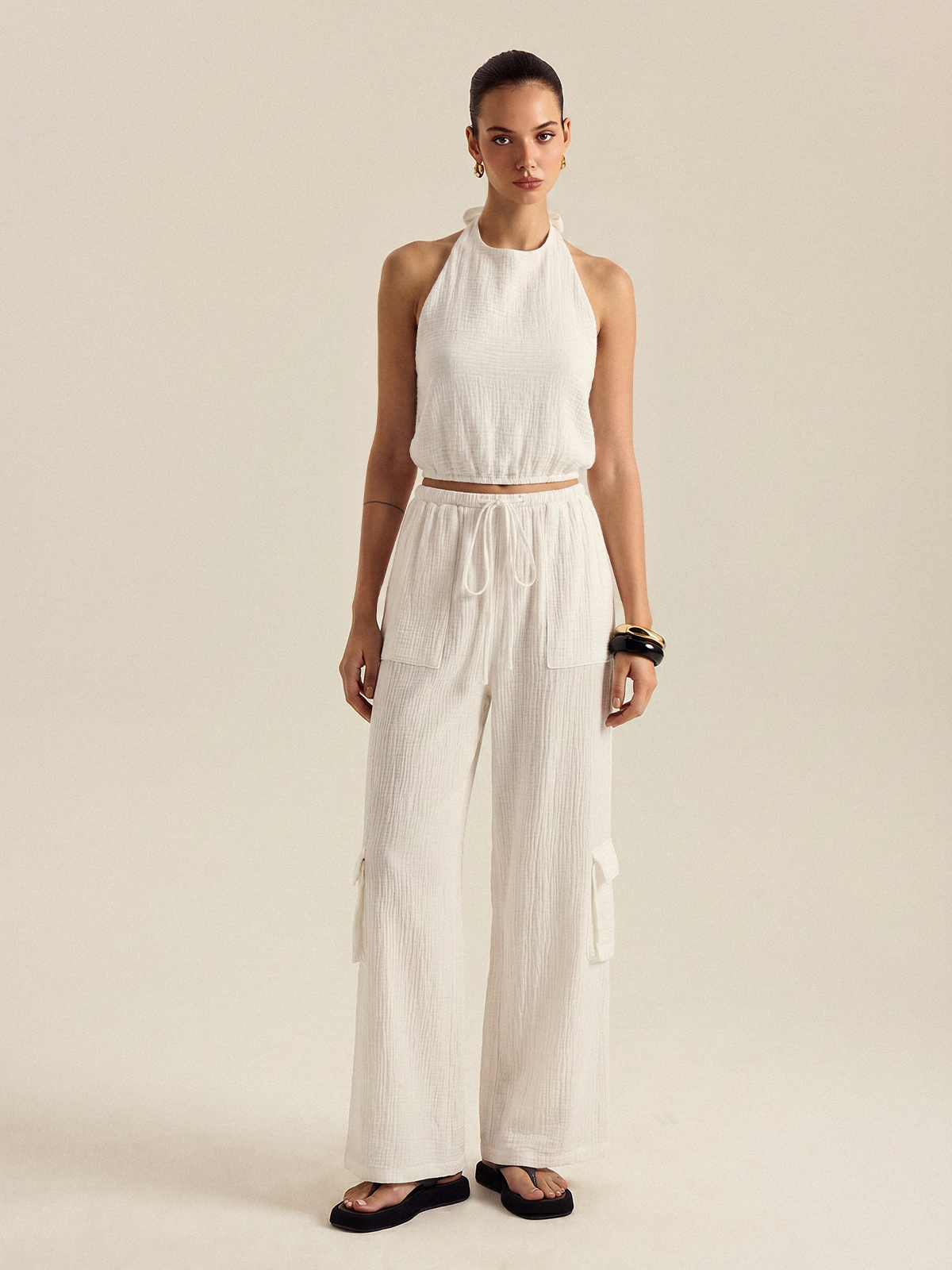 Dames Tweedelig Setje Halter Top en Cargo Broek Katoen Blend - Wit - Maelen