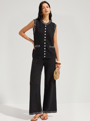 Dames Tweedelig Gebreid Setje Contraststiksels Mouwloze Top en Broek - Zwart - Maelen