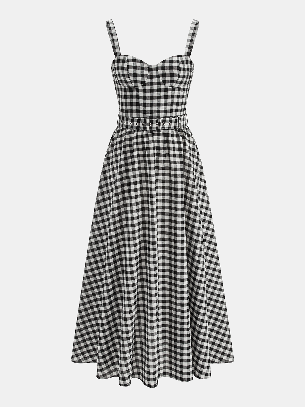 Dames Cami Maxi Jurk Gingham Katoen Blend Ceintuur - Zwart / Wit - Maelen