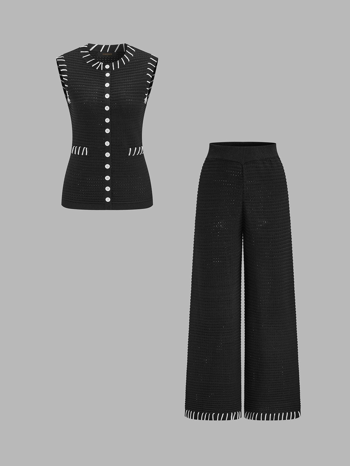 Dames Tweedelig Gebreid Setje Contraststiksels Mouwloze Top en Broek - Zwart - Maelen