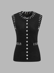 Dames Tweedelig Gebreid Setje Contraststiksels Mouwloze Top en Broek - Zwart - Maelen