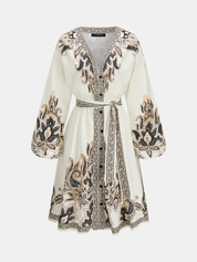 Dames Midi Jurk Lange Mouwen Paisley Print Ceintuur - Abrikoos - Maelen