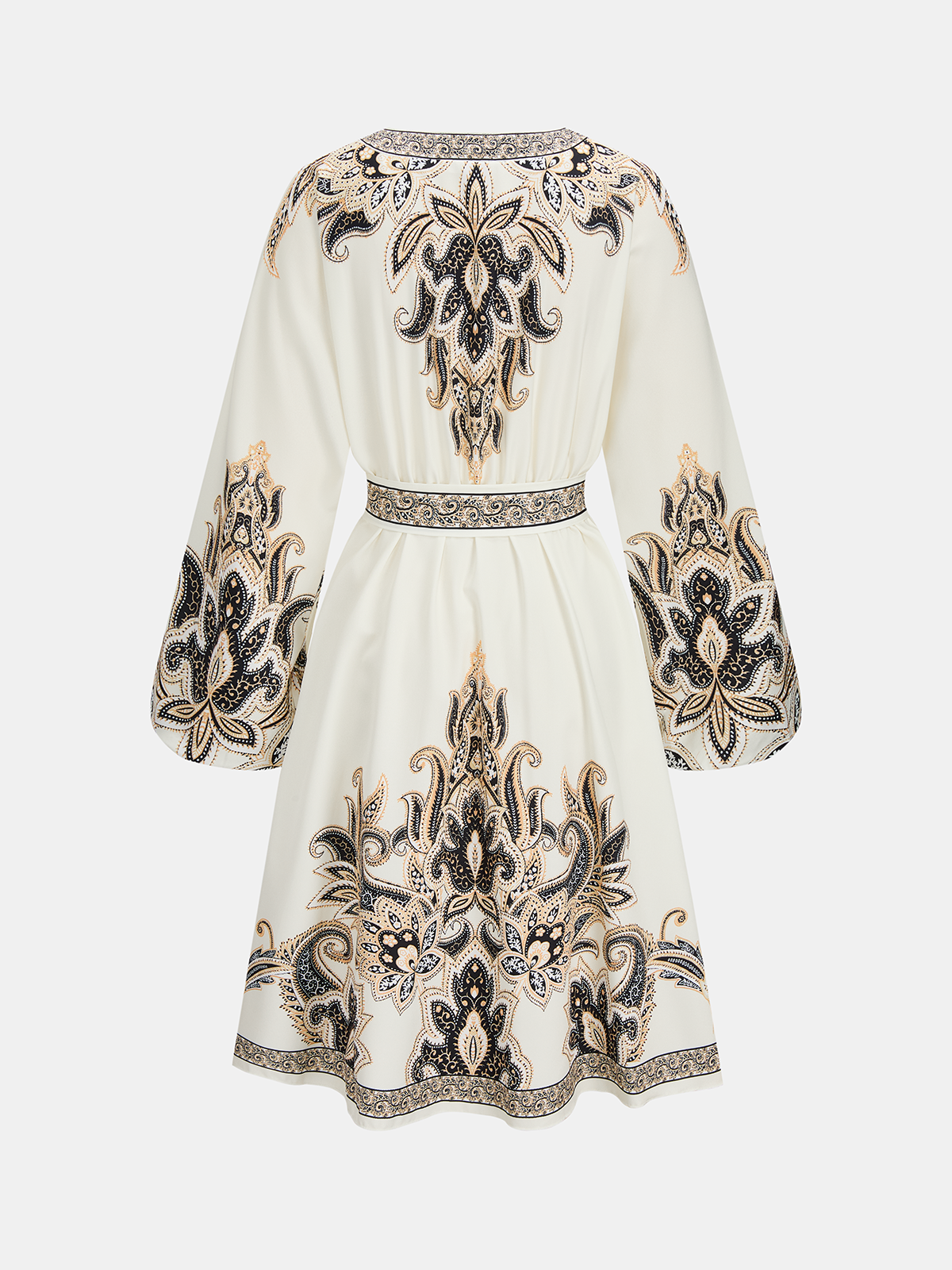 Dames Midi Jurk Lange Mouwen Paisley Print Ceintuur - Abrikoos - Maelen