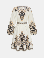Dames Midi Jurk Lange Mouwen Paisley Print Ceintuur - Abrikoos - Maelen