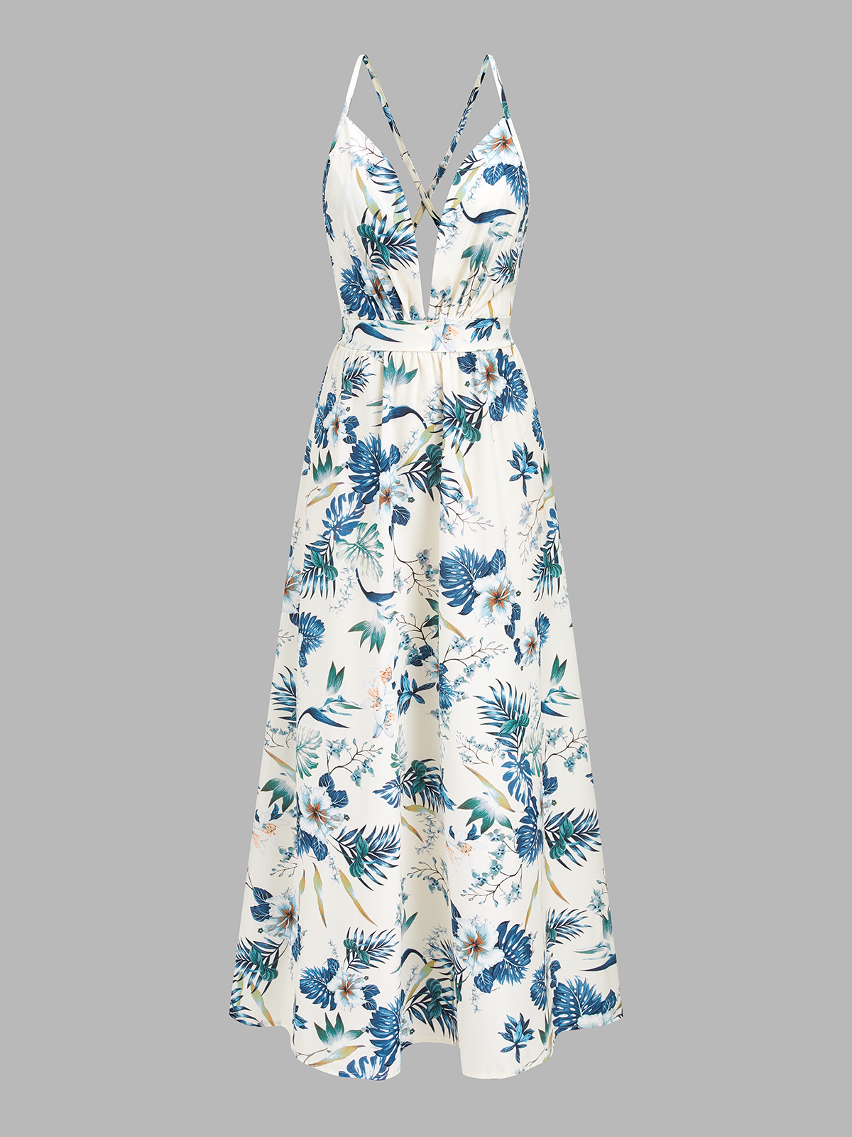 Dames Cami Maxi Jurk Tropical Print Spaghettibandjes - Blauw - Maelen