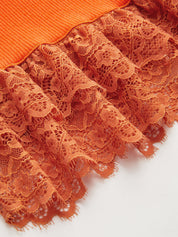 Dames Geribbeld Gebreid Top Kant Peplum Zoom - Oranje Rood - Maelen