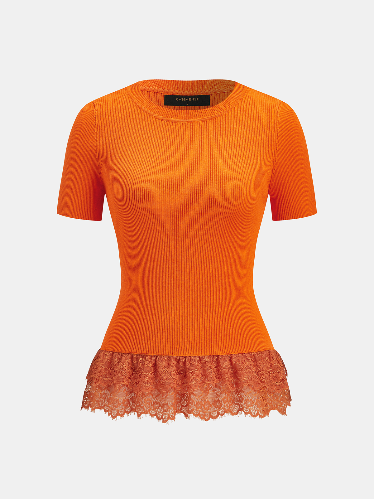 Dames Geribbeld Gebreid Top Kant Peplum Zoom - Oranje Rood - Maelen
