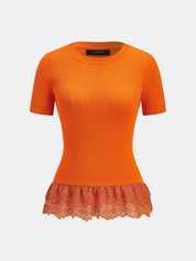 Dames Geribbeld Gebreid Top Kant Peplum Zoom - Oranje Rood - Maelen