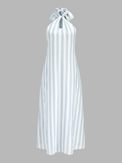 Dames Maxi Jurk Halter 100% Katoen Gestreept - Lichtblauw / Wit - Maelen