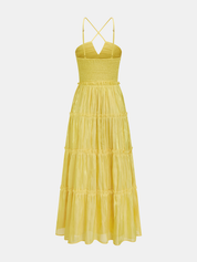 Dames Maxi Jurk Halter Gelaagd Gerimpeld Tule - Geel - Maelen
