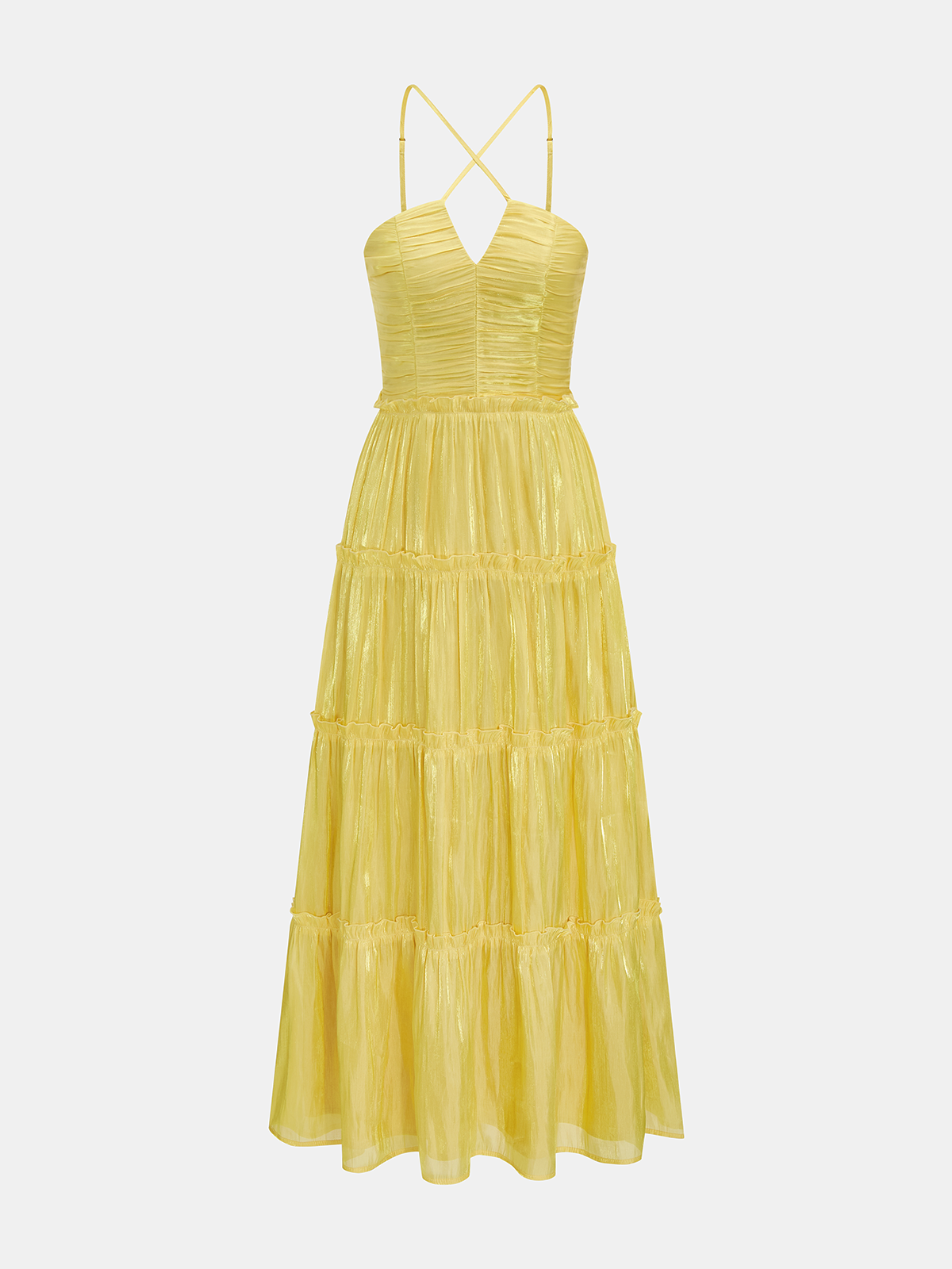 Dames Maxi Jurk Halter Gelaagd Gerimpeld Tule - Geel - Maelen