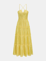 Dames Maxi Jurk Halter Gelaagd Gerimpeld Tule - Geel - Maelen