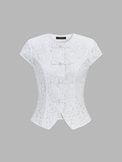Dames Kanten Blouse Korte Mouwen Kikkerknoopjes - Gebroken Wit - Maelen