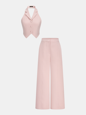 Dames Tweedelig Setje Halter Vest en Wide Leg Broek - Roze - Maelen