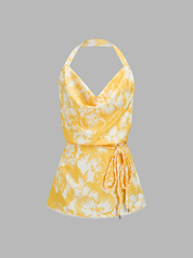 Dames Tweedelig Setje Haltertop Cowl Neck en Shorts Bloemenprint - Geel / Wit - Maelen