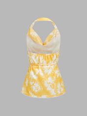 Dames Tweedelig Setje Haltertop Cowl Neck en Shorts Bloemenprint - Geel / Wit - Maelen