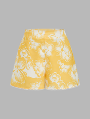 Dames Tweedelig Setje Haltertop Cowl Neck en Shorts Bloemenprint - Geel / Wit - Maelen