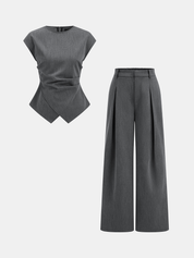 Dames Tweedelig Setje Geplooide Blouse Cap Sleeve en Geplooide Broek - Grijs - Maelen