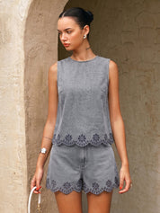 Dames Tweedelig Denim Setje Geborduurd Mouwloze Top en Shorts - Lichtblauw - Maelen